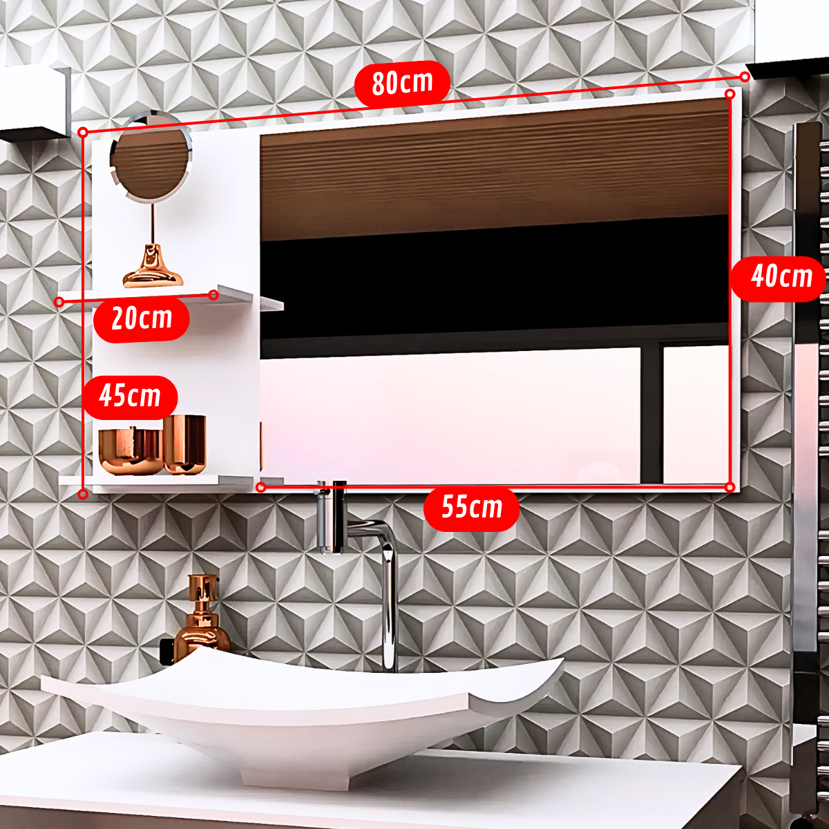 Espelheira para Banheiro 80cm MDF Branco Resistente com Prateleira