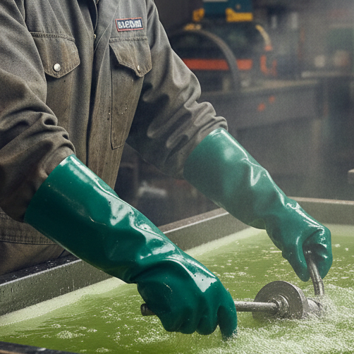 Luva de PVC Cano Longo 65cm Verde com CA Palma Áspera G