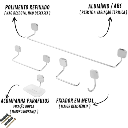 Kit Acessórios Para Banheiro 05 Peças Soft Cromado Metal com Fixação Dupla