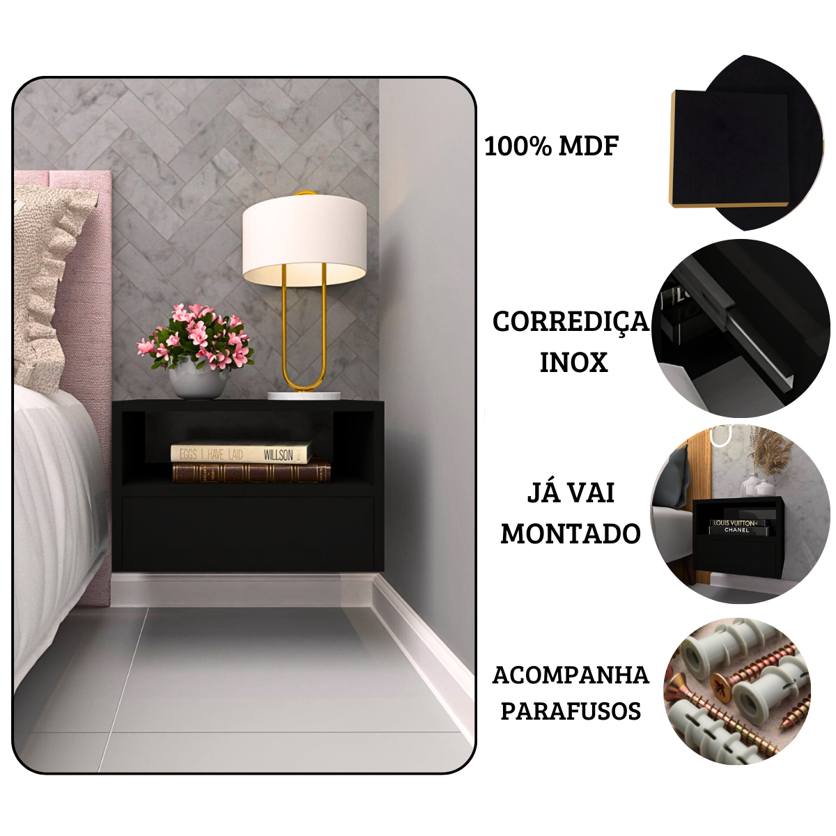 Mesa de cabeceira - Preto 40cm