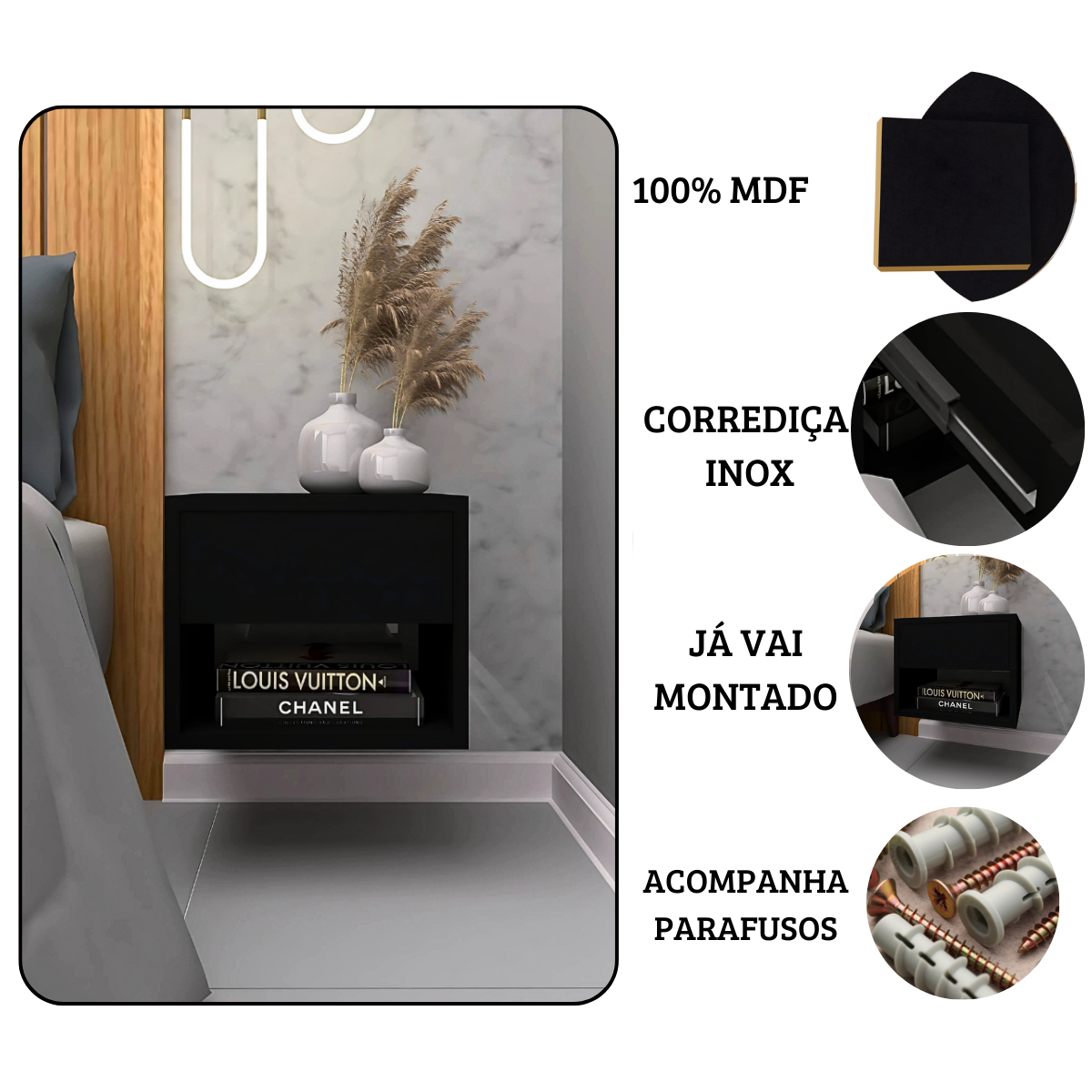 Mesa de cabeceira - Preto 30cm