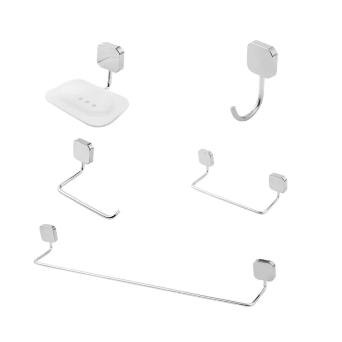 Kit Acessórios Para Banheiro 05 Peças Soft Cromado Metal com Fixação Dupla
