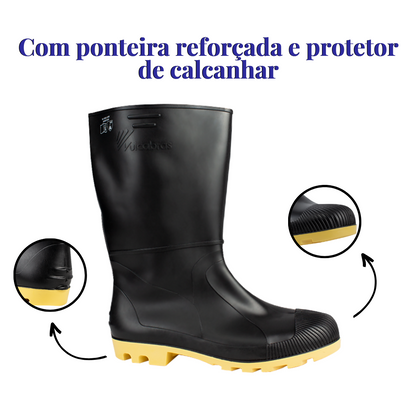 Bota de PVC Vulcabras Cano Médio Preto/Amarelo com CA