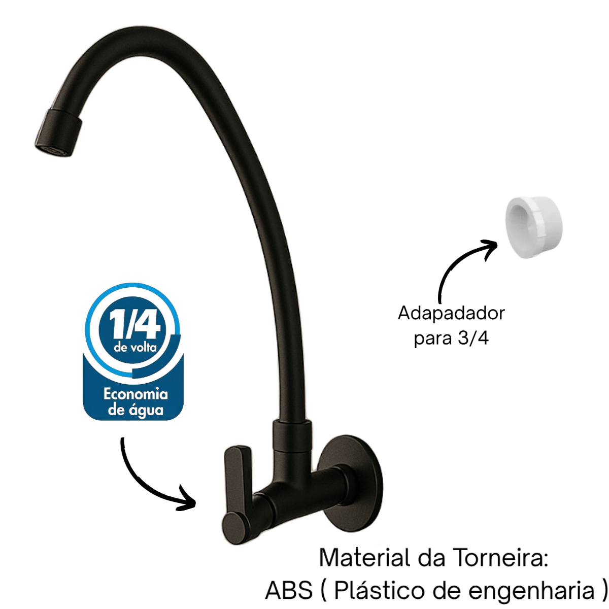 Torneira Cozinha Parede Preta Bica Móvel 360° Bruen 1167