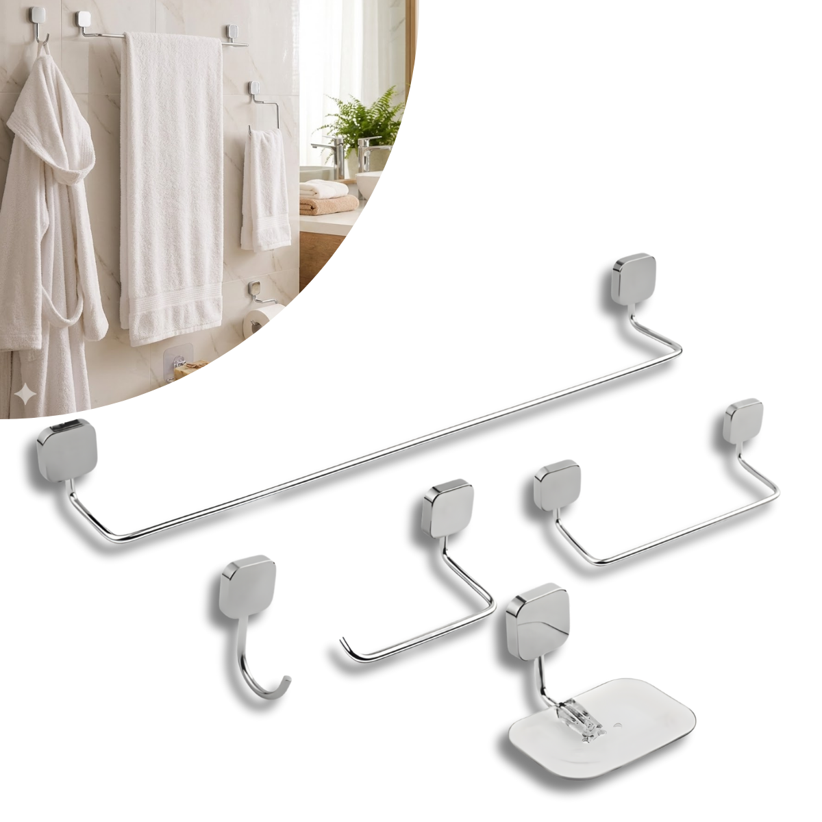 Kit Acessórios Para Banheiro 05 Peças Soft Cromado Metal com Fixação Dupla