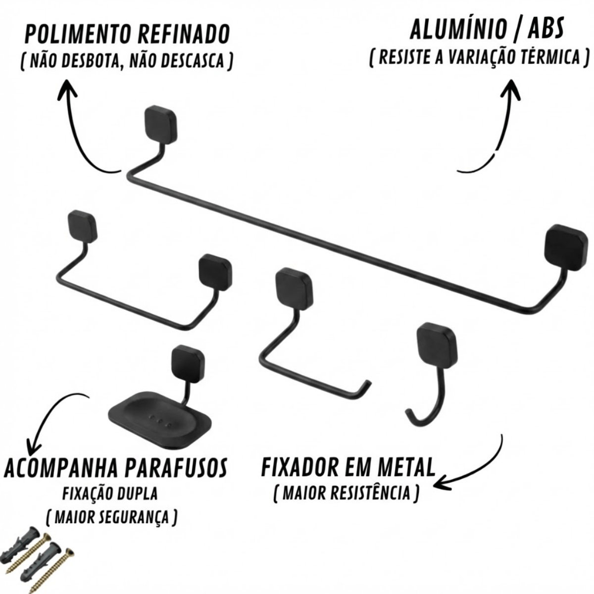 Kit Acessórios Para Banheiro 05 Peças Soft Cromado Metal com Fixação Dupla