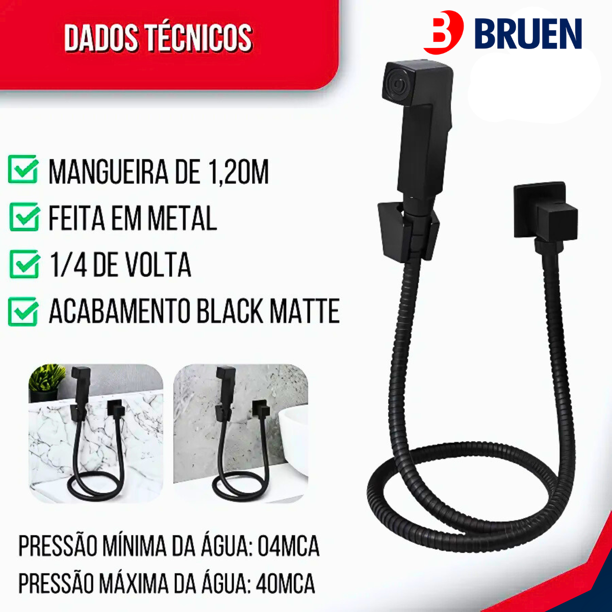 Ducha Higiênica Preto Fosco Registro 1/4 Volta | Bruen