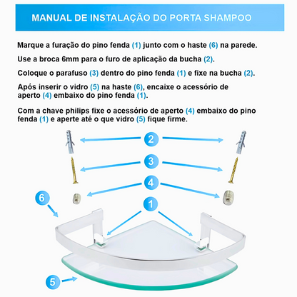 Porta Shampoo de Canto em Vidro 6mm com Haste Alumínio Cromado para Banheiro