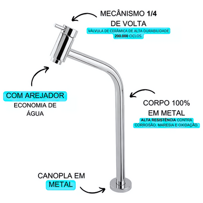 Torneira Bica Alta para Cuba Banheiro Metal 1/4 de Volta 3050