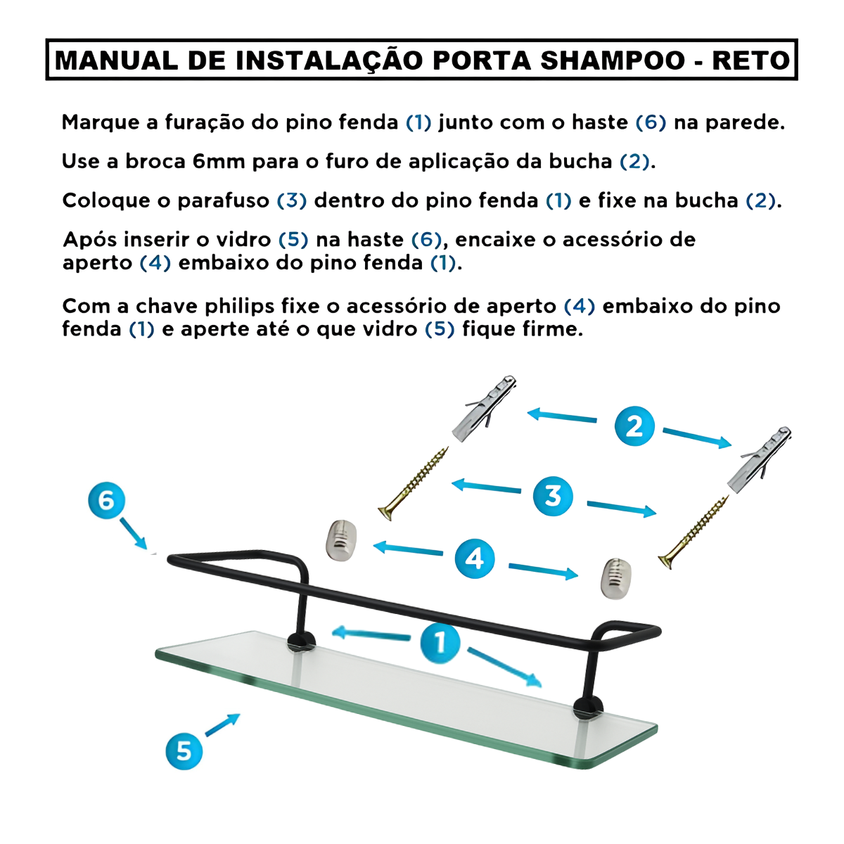 Porta Shampoo Reto Veneza Vidro Incolor - Haste Preto