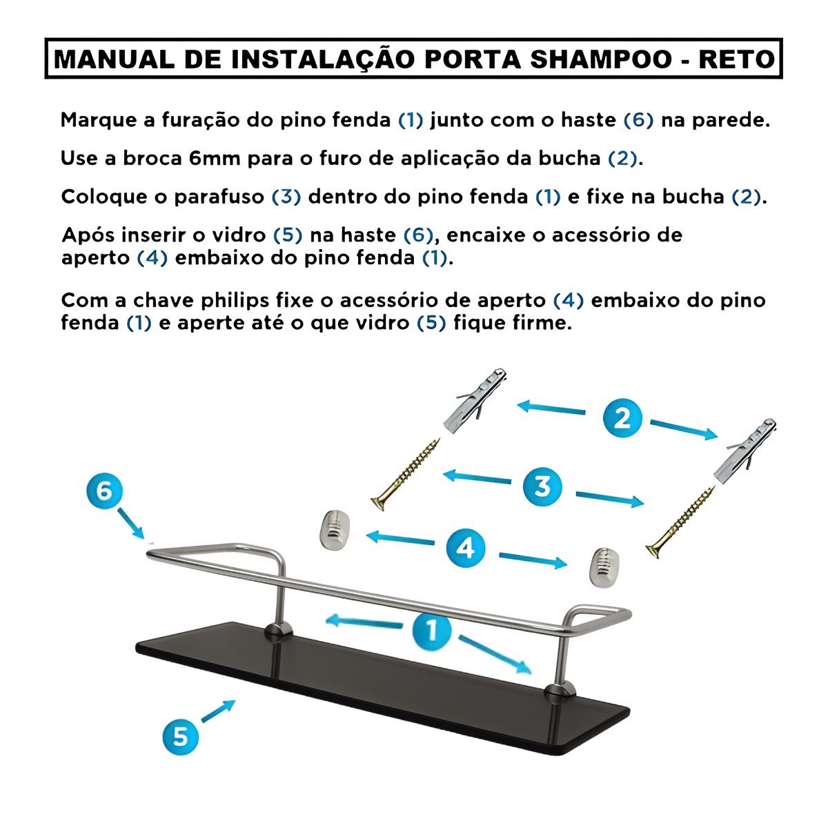 Porta Shampoo Reto Veneza Vidro Fumê 6mm e Alumínio Polido 30cm